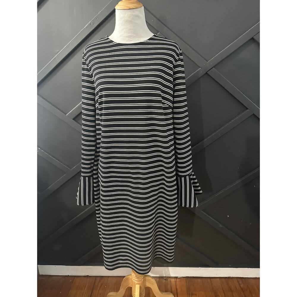 Size 16 Chaps Striped Bell Cuff Ponte Dress Size 12 White Black Straight Sheath